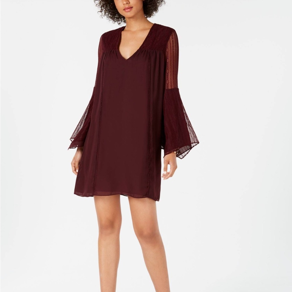 NWT $148 ANTHROPOLOGIE AVEC LES FILLES Wine Red Dress w Lace Bell Sleeves Sz: 12